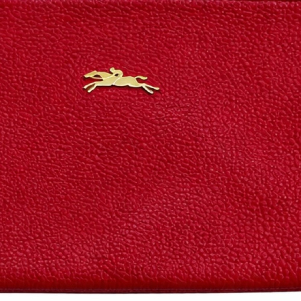 Longchamp Red Pebbled Leather Zip Wristlet Clutch Gold Logo - Picture 2 of 7